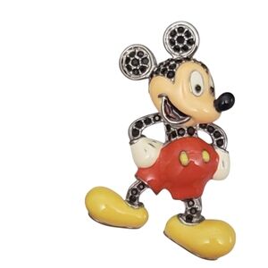 Disney Mickey Mouse Brooch Pin Enamel Marcasite Silver Tone Vintage Style